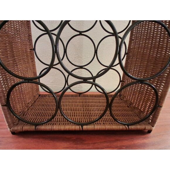 Vintage Natural Wicker Wine Rack Metal 9 Bottle Floor Counter Top Boho Rattan - Picture 2 of 8